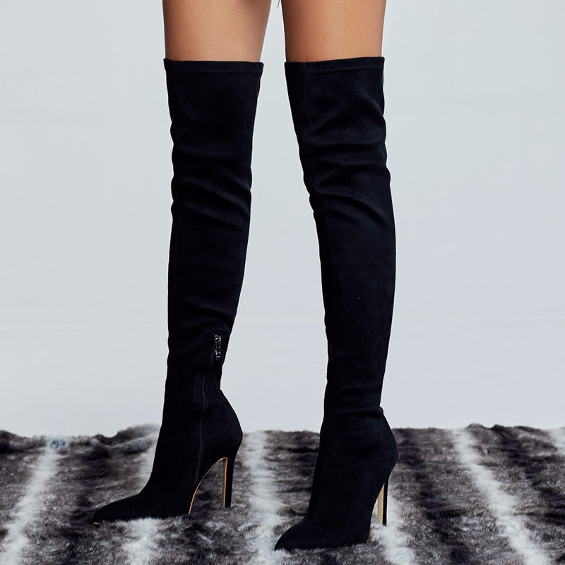 Snakeskin/Solid Color Faux Suede High Heel Over-the-Knee High Heel Boots