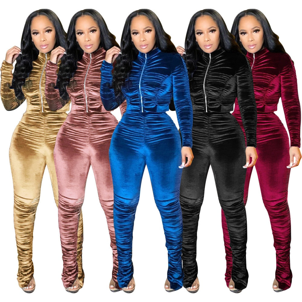 Ruched Velvet Zipper Jacket & Stacked Pants Sweatsuit, 2-Piece Set