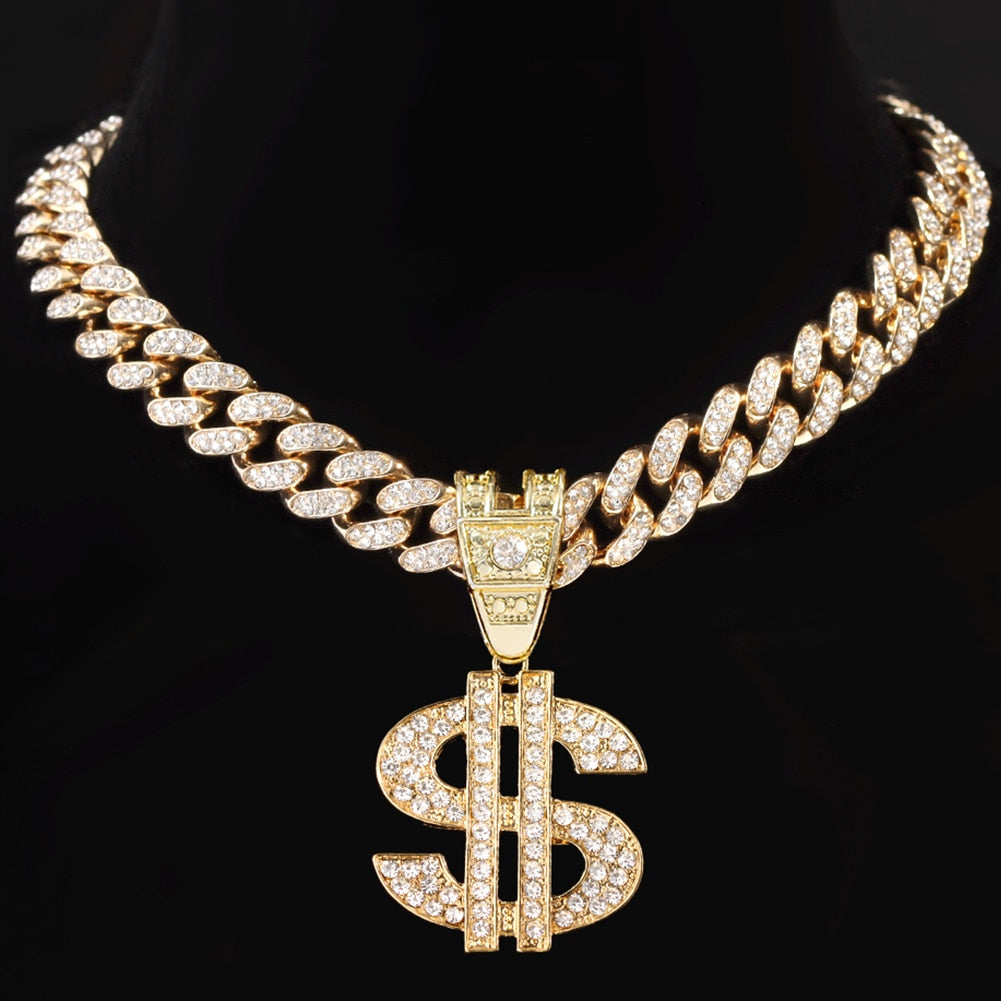 Dollar Sign Pendant Necklace 13mm Cuban Link Chain Necklace