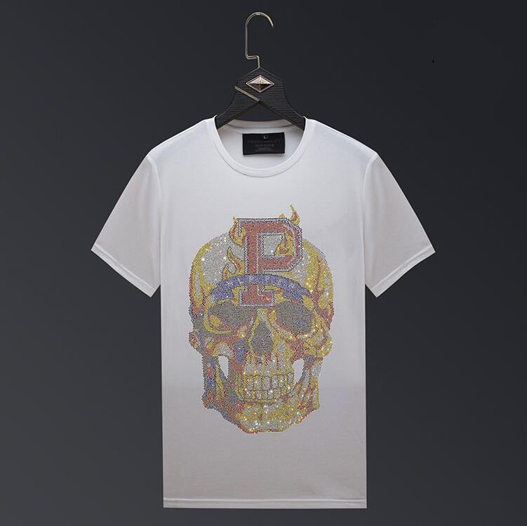 Men's Diamond/Gold Emblem Rhinestone Skull Head T-Shirt