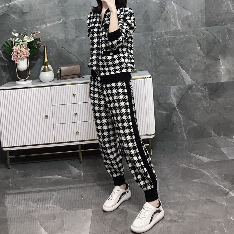 Women's Knitted Houndstooth Zipper Plaid Cardigan Sweater + Sweatpants 2-Piece Set