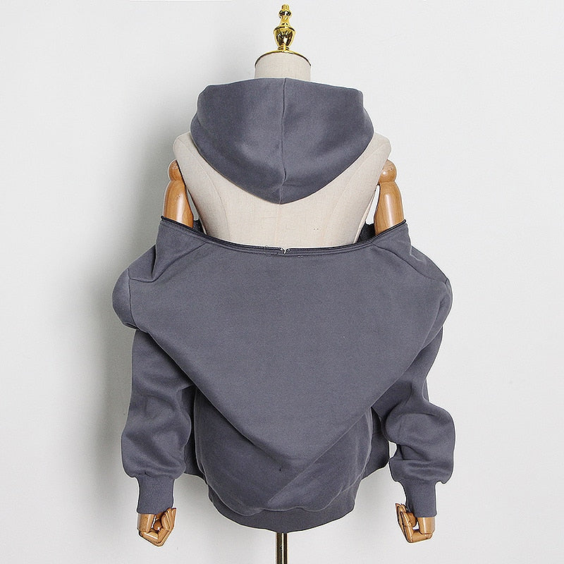 Open Shoulder Hollow Out Minimalist Women's Hooded Sweatshirt