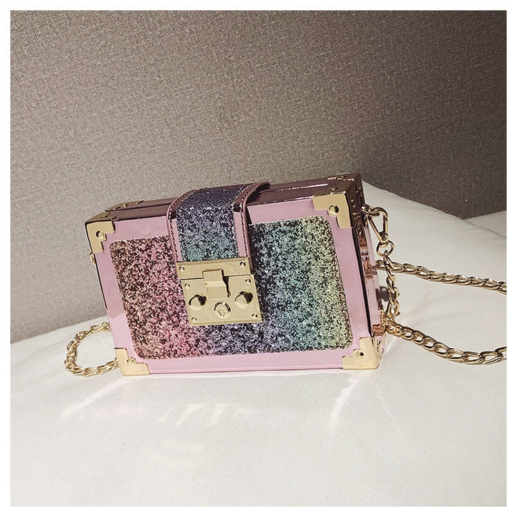 Rainbow Chain Gradient Color Sequin Box Shape Messenger Bag