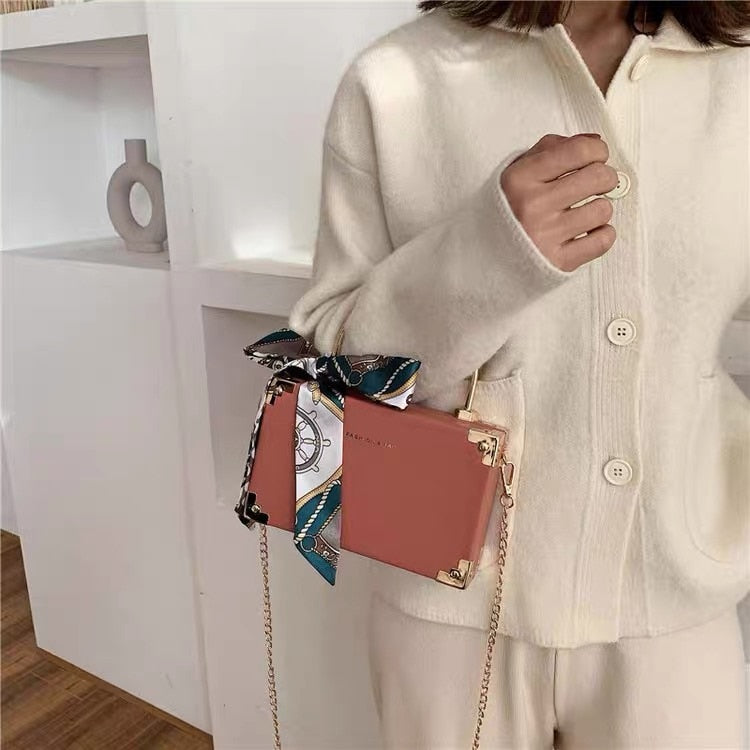 Metal Handle Box Design Women Party Clutch Bag Fashion Shoulder Chain Scarf Crossbody Pursd