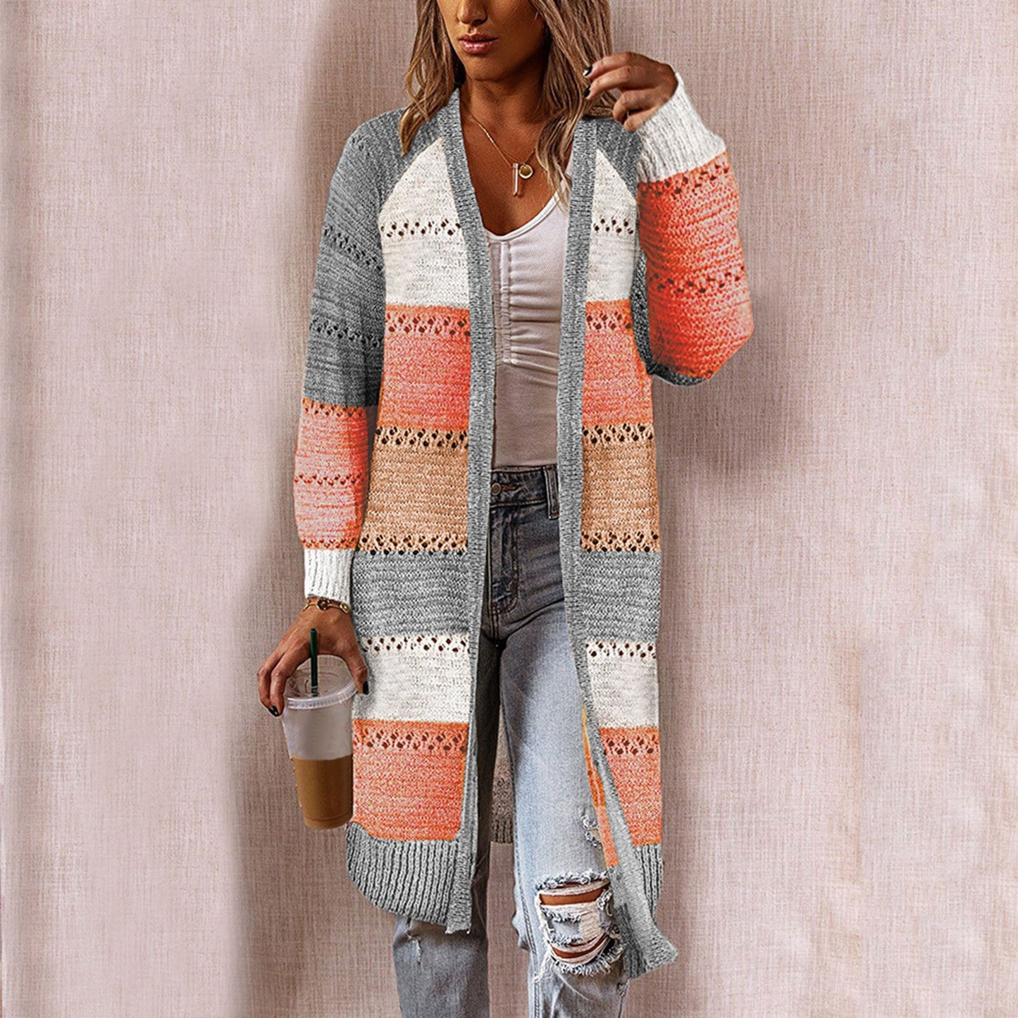 Colorblock Striped Ladies Long Sleeve Patchwork Maxi Cardigan Sweater