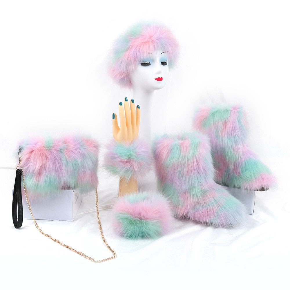 Faux Fur 4-Piece Set w/ Hat, Bag, Bracelet & Furry Ankle Snowboots