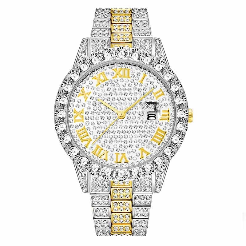 Sparkling Men's 18k Gold Plated Classic Hexagon Big Diamond Watch