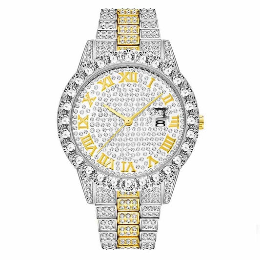 Sparkling Men's 18k Gold Plated Classic Hexagon Big Diamond Watch