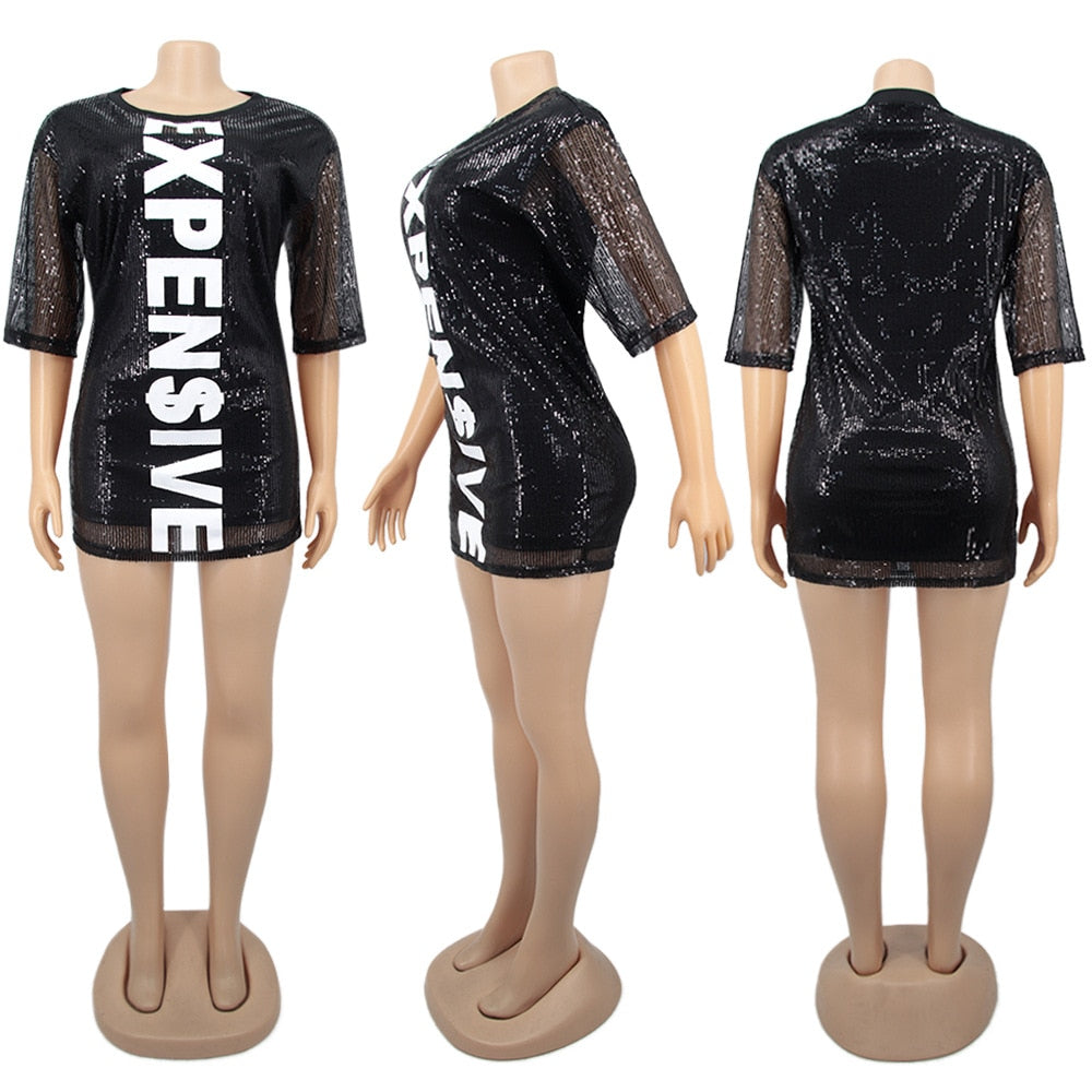 Sequined "EXPENSIVE" Letter Printed Short Sleeve Mini T-Shirt Dress