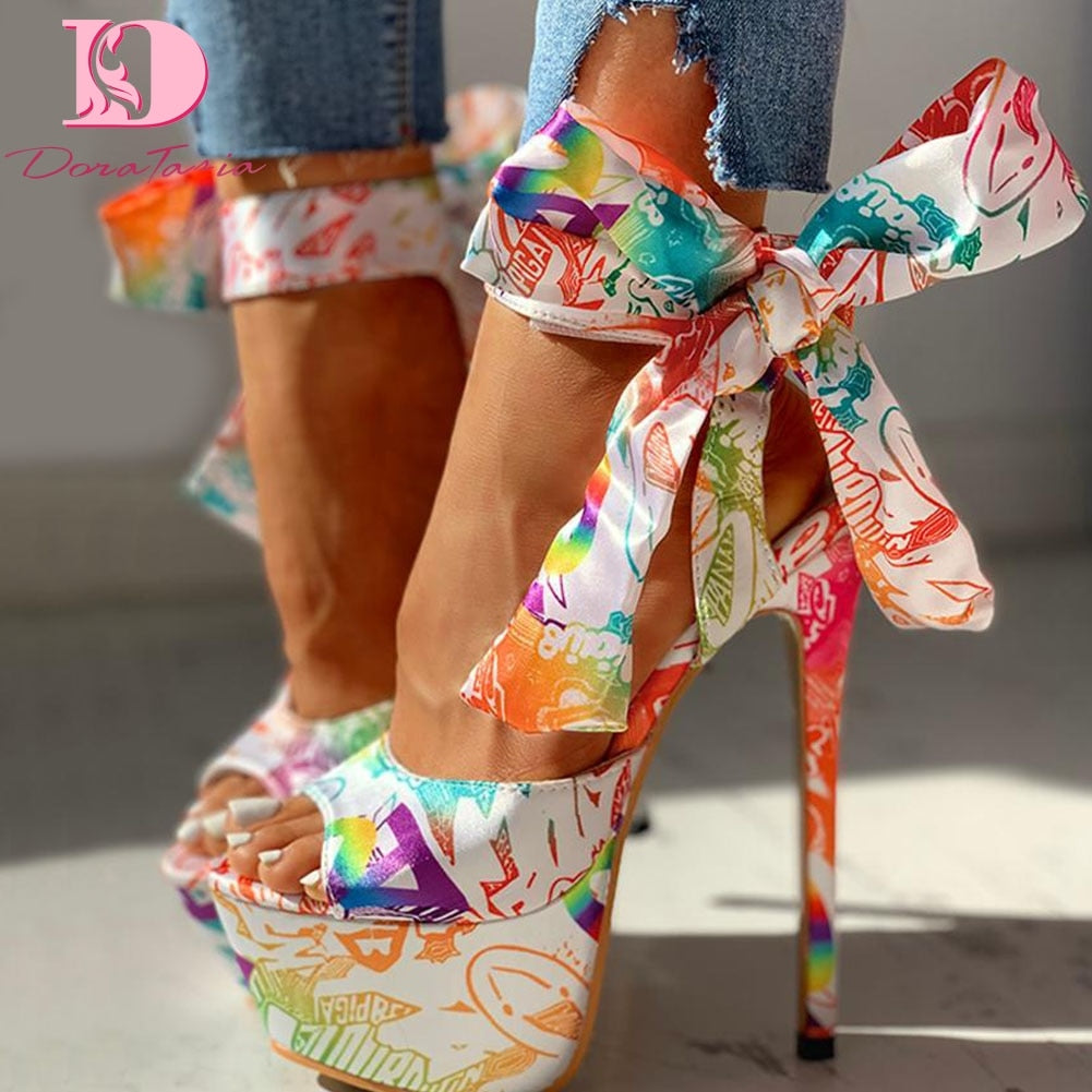 Tropical Print Big Bow Lace-Up Women's Platform Sandal Stiletto Pumps