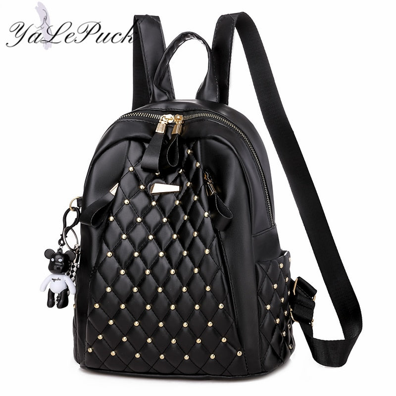 Vintage Leather Embossed Diamond Lattice Studded Quilted Solid Color Ladies Backpack