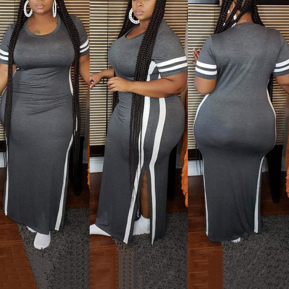 Short Sleeve Solid Side Striped Plus Size High Slit T-Shirt Dress to 5X