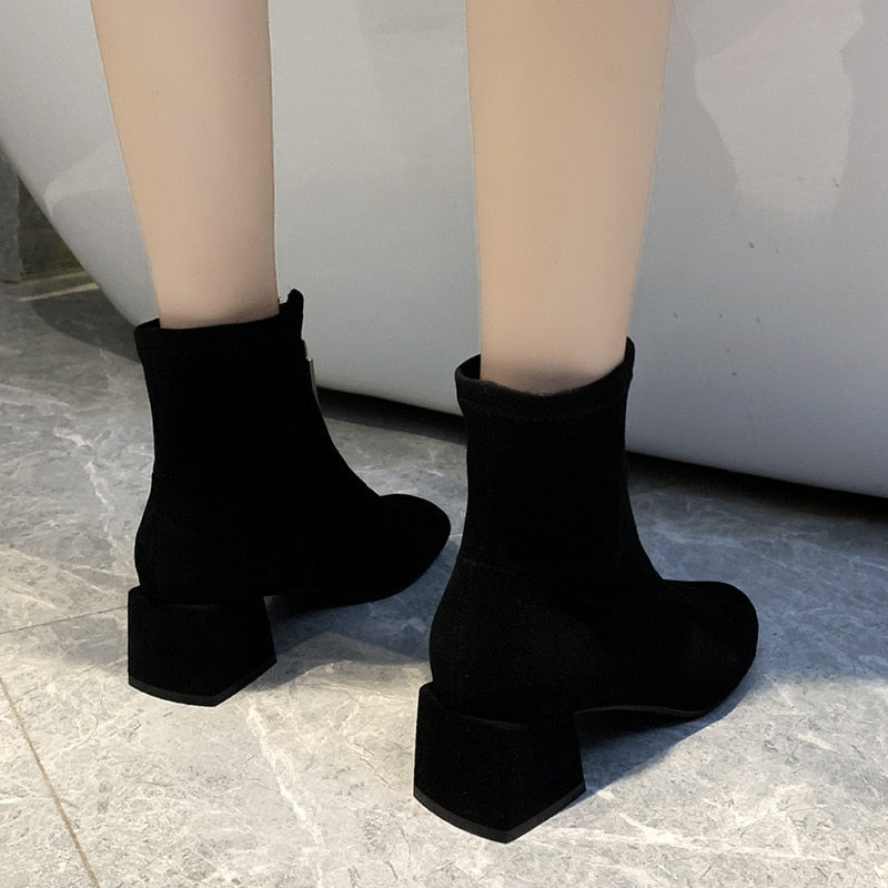 Square Heel Zipper Front Ankle Boots