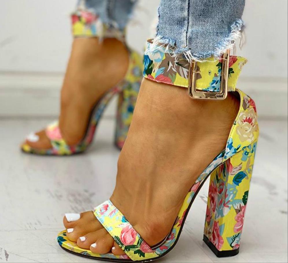 Leopard/Snakeskin/Floral Open Toe Ankle Buckled Sandals Chunky Heeled Sandals