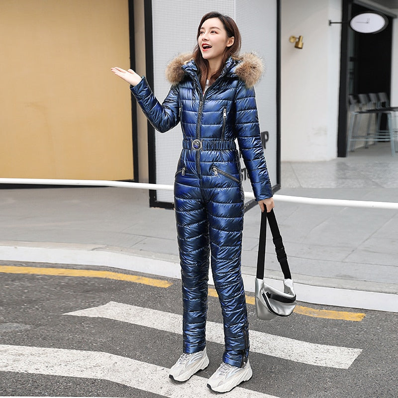 Fur Hood Quilted Solid Color Ladies Ski Snowsuit