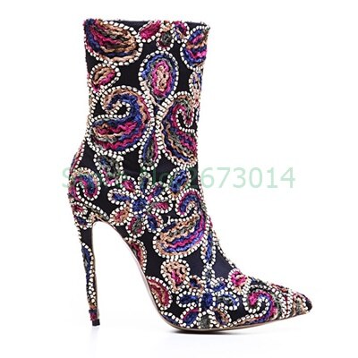 Paisley Crystal Studded Flower Stiletetto Heel Side Zipper Ankle Boots