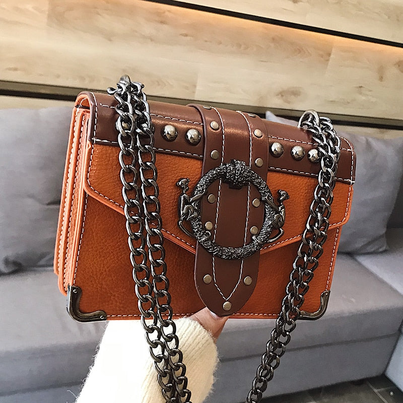 Square PU Leather Rivet Lock Chain Shoulder Messenger Bag