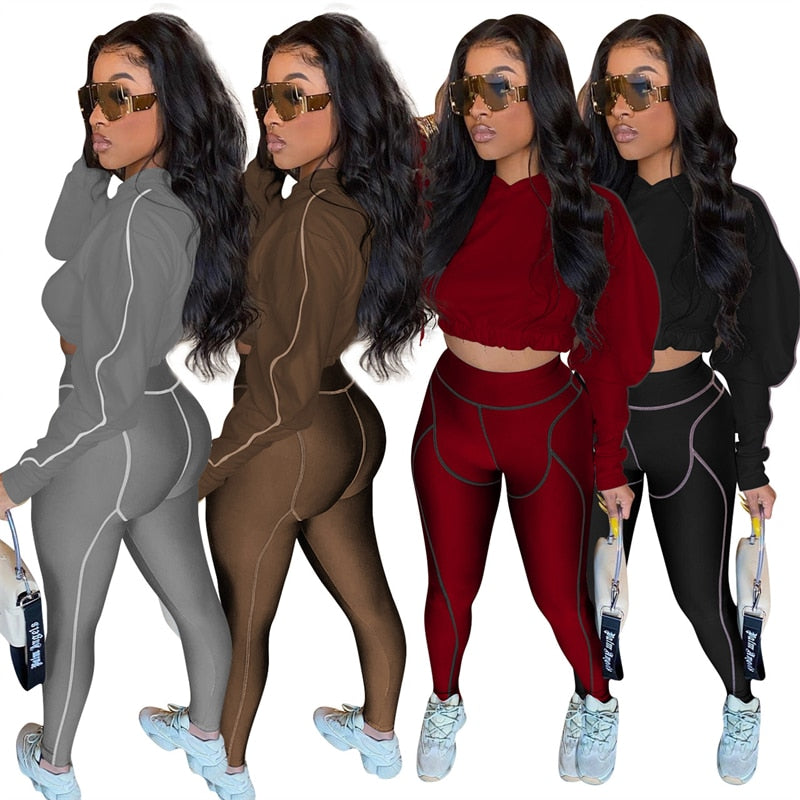 Patchwork Balloon Sleeve Ladies Hooded Crop Sweatshirt & Side Striped Leggings 2-Piece Tracksuit