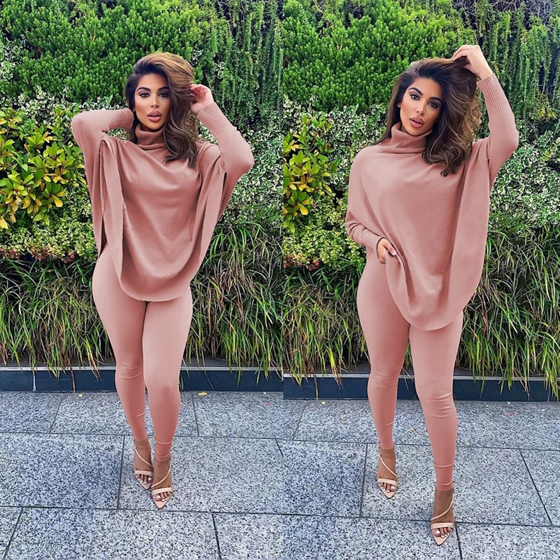 Batwing Long Sleeve Oversize Turtleneck Top & Bodycon Pant 2-Piece Set to 3X Plus