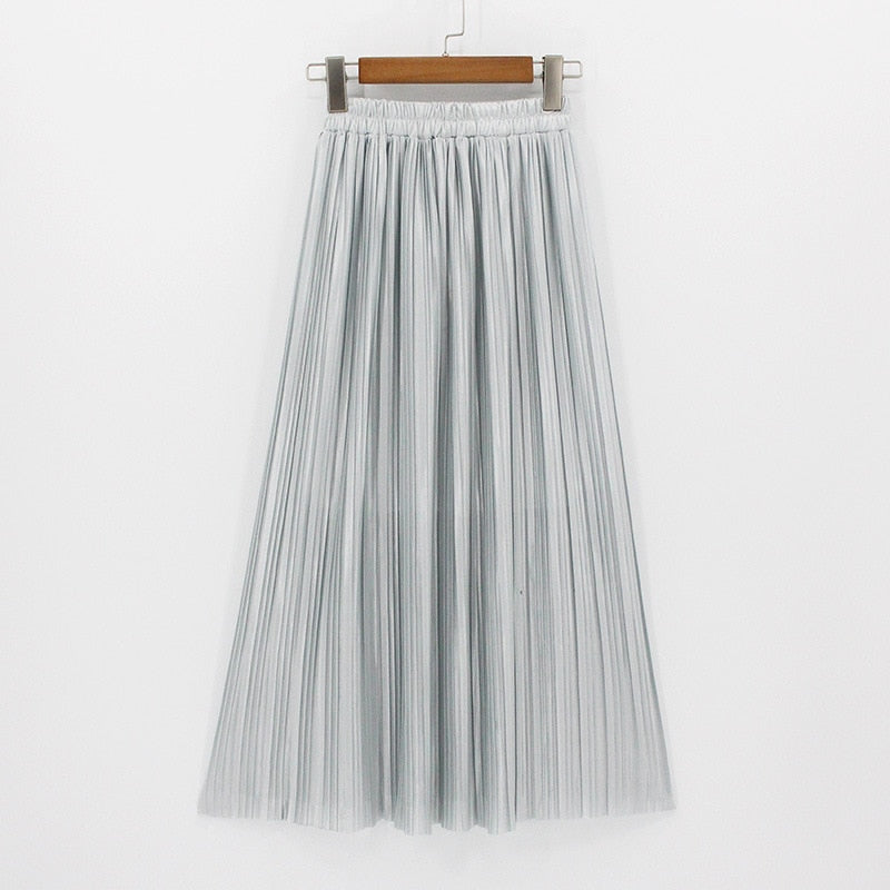 Satin Loose Pleated Solid Color High Waisted Maxi Skirt