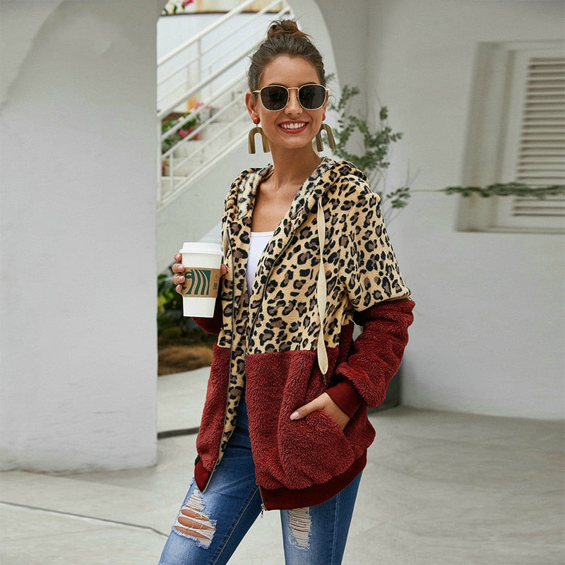 Leopard/Colorblock Women's Long Sleeve Zipper Hoodie Jacket