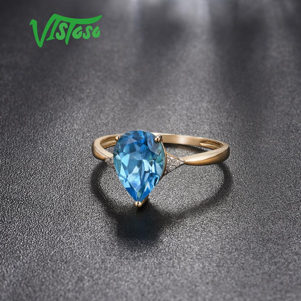 Water Drop Style Swiss Blue Topaz & Diamond Pure 14K Yellow Gold Ring