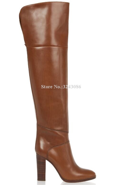 Auburn Brown Leather Chunky Heel Over the Knee Boots