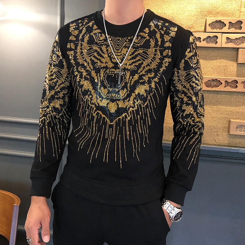 Men's Glitter Sparkling Tiger Head Long Sleeve Shirt