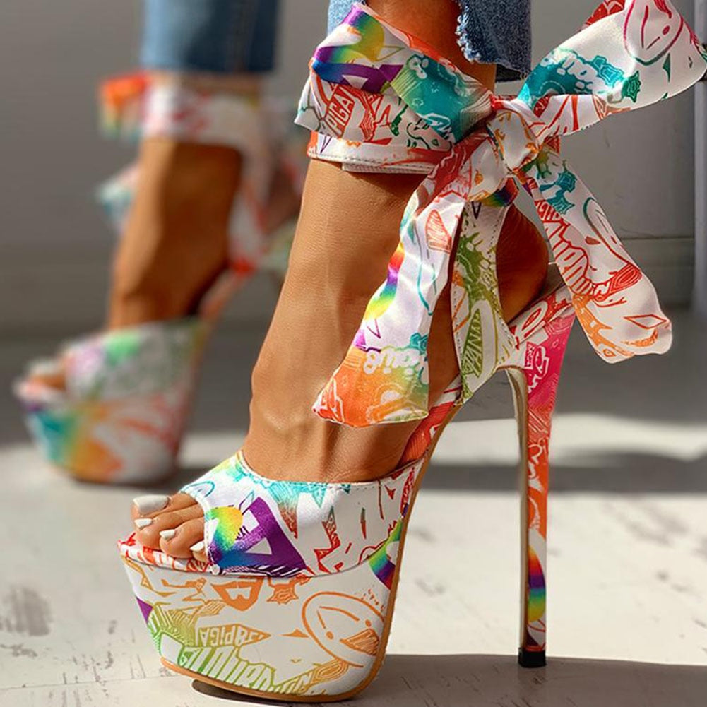 Tropical Print Big Bow Lace-Up Women's Platform Sandal Stiletto Pumps