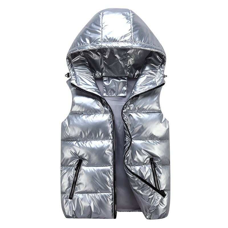 Hooded Ladies Padded Sleeveless Shiny Puffer Vests