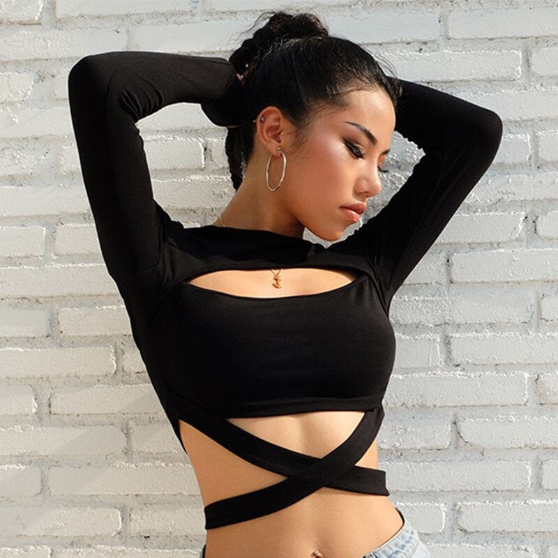 Ladies Black Long Sleeve Crop Criss Crop Top