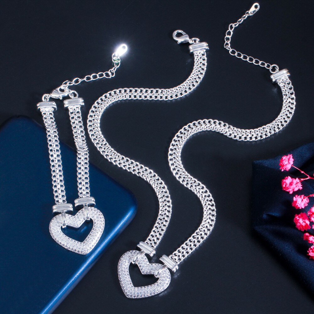 Rhinestone Silver/Gold Heart Necklace + Matching Bracelet 2-Piece Jewelry Set