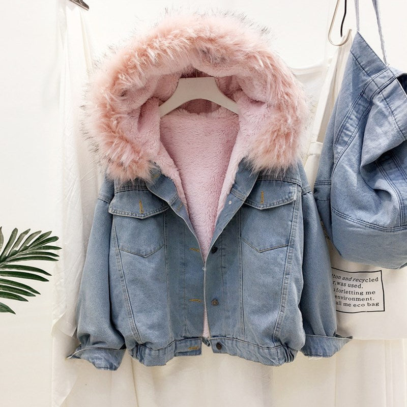 Hooded Batwing Sleeve Faux Fur Denim Jean or 3/4 Length Camouflage Women's Jackets/Coats