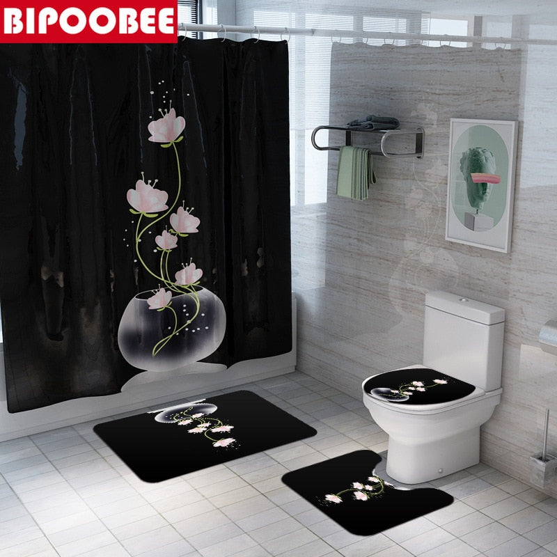 Tulip Lotus Flowers Trees Shower Curtain Sets Non-Slip Rugs Toilet Lid Cover and Bath Mat Waterproof Shower Curtain