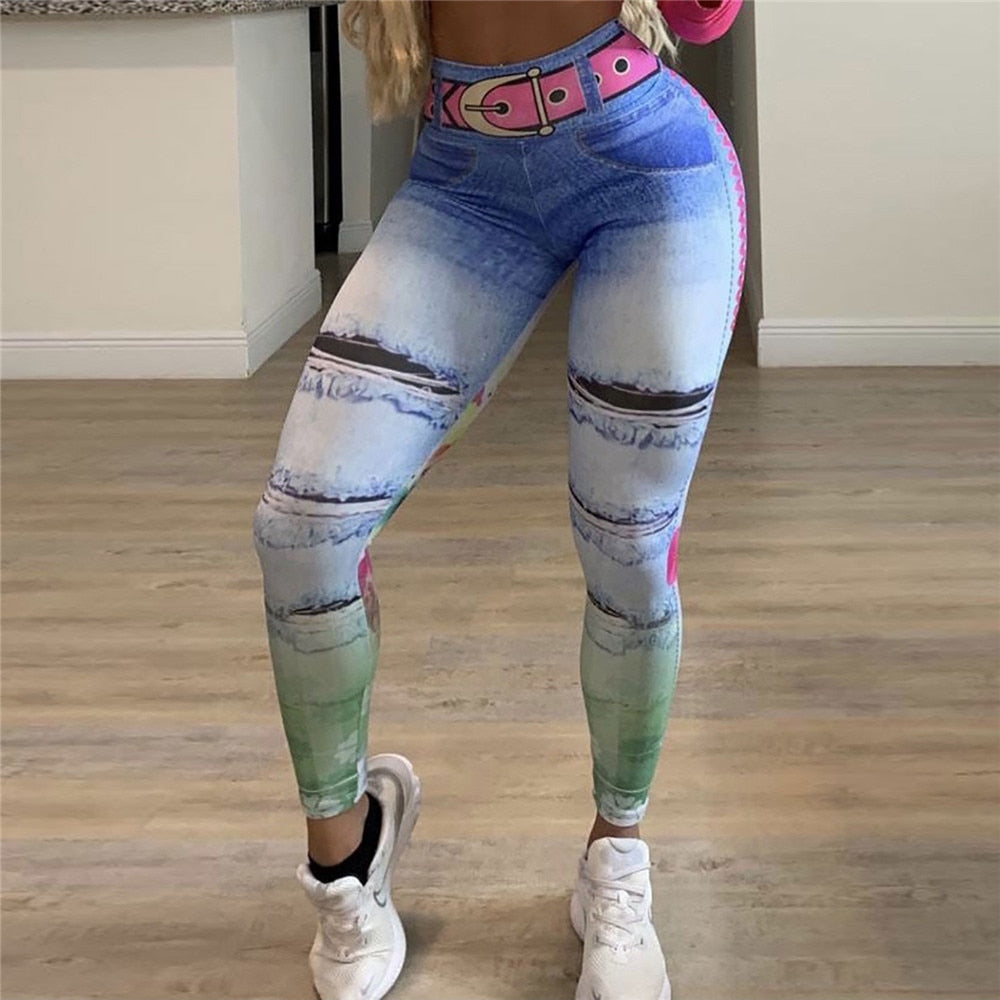 3D Faux Denim Printed Push Up Leggings