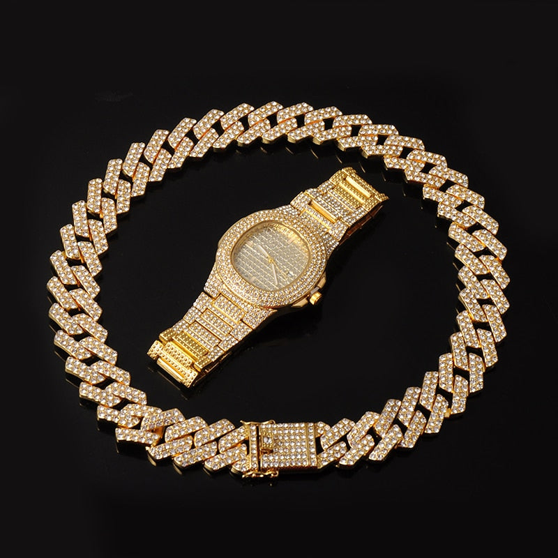 Hip-Hop Iced Rhinestone Prong Cuban Chain CZ Bling Chain + Bracelet + Watch 2-Piece & 3-Piece Jewelry Sets