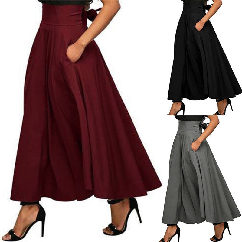 Ruffle A-Line Flared Pleated Maxi Skirt w/ Pockets