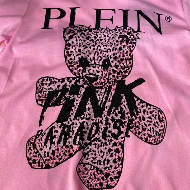 Men's Pink Rhinestone Teddy Bear Plein Embroidered T-Shirt