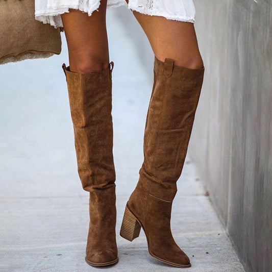 Suede Ladies Solid Pointed Toe Square Heel Knee High Boots