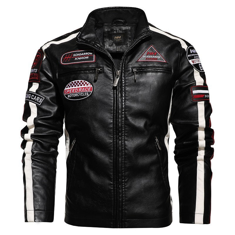 Side Striped Men's Logo Embroidery Leather Bomber Slim Fit Motorcycle Jacket