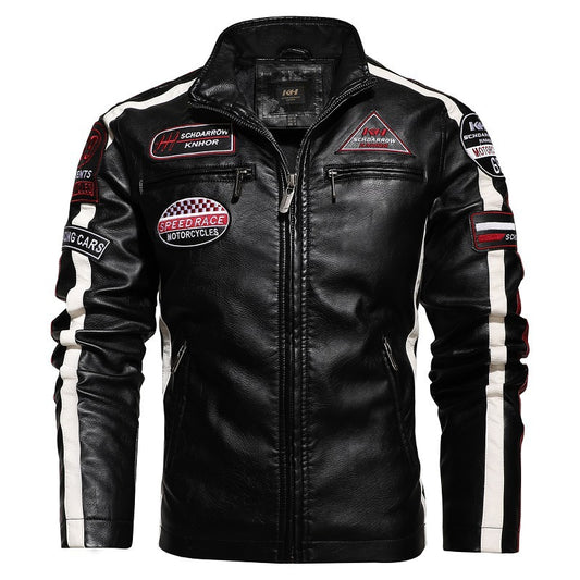 Side Striped Men's Logo Embroidery Leather Bomber Slim Fit Motorcycle Jacket