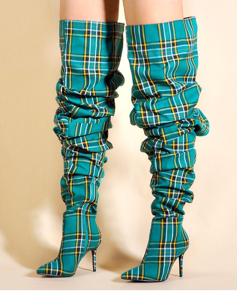 Thigh High Ladies Over The Knee High Heel Plaid Boots