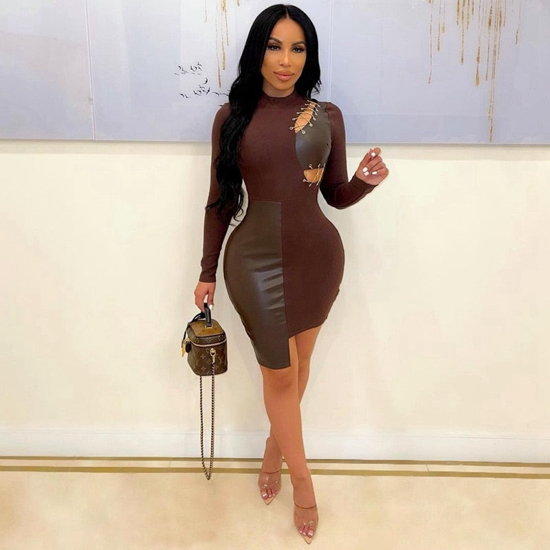 Faux Leather Bandage Hollow Out Irregular Long Sleeve Mini Dress