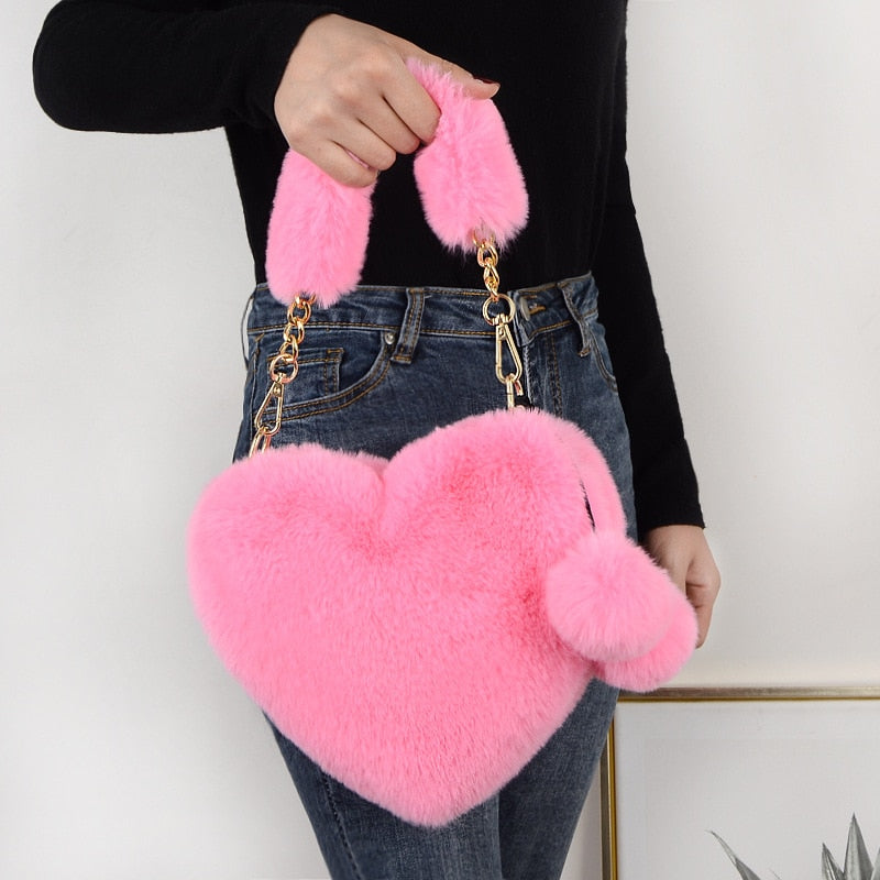 Faux Fur Heart Shaped Shoulder Clutch Purse Love Messenger Bag