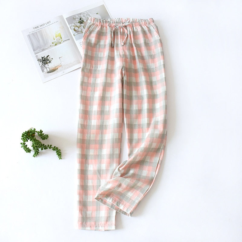 Men's & Women's Plaid Gauze Crepe Knitted Pajama Sleepwear Pants