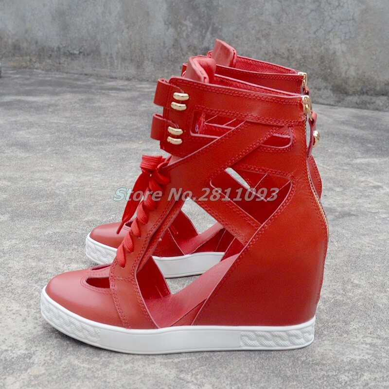 Cut-Out Lace Up Round Toe Solid Red Real Leather Back Zipper Ankle Boots