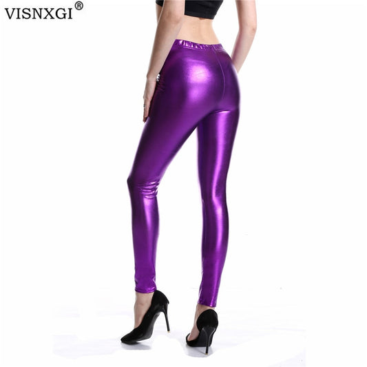 Metallic Skinny Faux Patent Leather Pencil High Waist Shiny Leggings