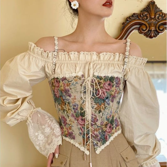 French Print Bandage Floral Corset Tops