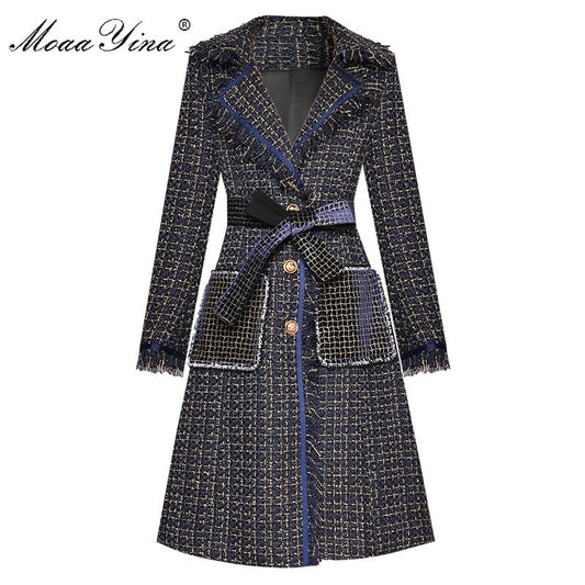 Plaid Wool Ladies Single-Breasted Tassel Long Sleeve Trench Coat w/ Belt