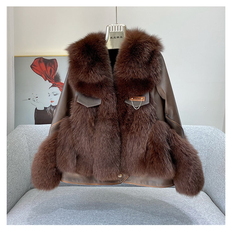 Sheepskin Fox Fur Trim Stitched Ladies Jacket